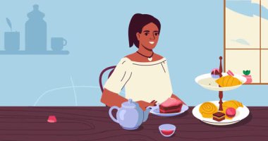 İnsan tatlısını yer. Lezzetli tatlılar, pasta, turta, çörek ve kruvasan yiyen mutlu bir kızın afişi. Şekerli çay ya da kahve içen bir kadın. Çizgi film biçimi grafik animasyon video klibi