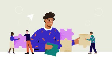 İş ekibi çalışması. İşbirliği, işbirliği ve ortaklık. Mutlu bir erkek girişimci ve yapboz parçaları tutan ofis çalışanlarından oluşan bir ekip. Çizgi film biçimi grafik animasyon video klibi