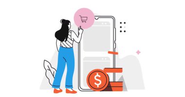 Kredi onayı. Büyük akıllı telefon ve banka kartının yanında duran bir kadınla afiş taşımak. Kredi puanı iyi olan karakter online alışveriş için kredi alır. Düz stil grafik animasyon video klibi