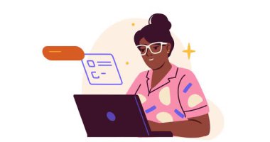 Okuma ve öğrenme. İnternet 'te eğitici bilgiler arayan mutlu kız öğrencilerle birlikte afiş taşıyorlar. Çevrimiçi rota, konferans ve web binarı. Çizgi film biçimi grafik animasyon video klibi