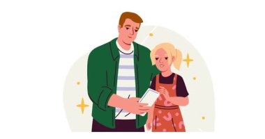 Akıllı telefonu olan bir aile. Babamla taşınan afiş ve telefonu kullanan mutlu bir genç kız. Adam kızına dijital cihazın nasıl kullanılacağını öğretiyor. Çizgi film biçimi grafik animasyon video klibi