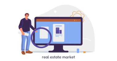 Gayrimenkul satın. Elinde büyüteç olan bir adamla ev ya da mülkü satın almak ya da kiralamak için pankart taşımak. Emlak piyasası analizi. Çizgi film biçimi grafik animasyon video klibi