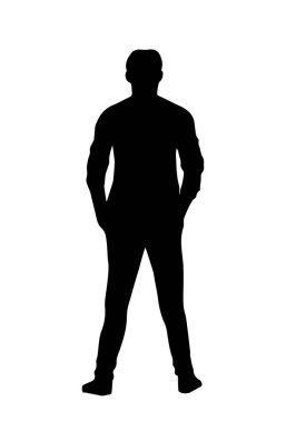 İnsanların silueti. Pantolon cebinde elleri olan özgüvenli bir adamın tek renkli siyah simgesi. Dik duran karakterin arka görünüşü. Gündelik giysiler içindeki genç adam. Düz vektör çizimi arkaplanda izole edildi