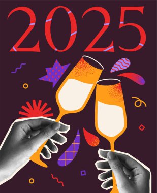 Yarım tonlu yeni yıl posteri. Tatil partisinde şampanya bardakları tutan gerçekçi elli soyut retro afiş. Noel tebrik kartı. Vintage biçiminde çizgi film vektör illüstrasyonu