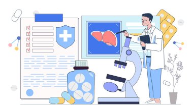 Laboratuvar önlüklü bir doktor mikroskopla karaciğer taramasını inceliyor. Etrafı tıbbi belgeler, haplar ve beyaz arka plandaki moleküler yapılarla çevrili. Vektör illüstrasyonu