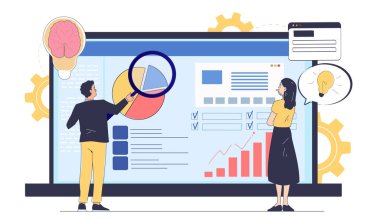 İki profesyonel, çizelgeler, grafikler ve kontrol listeleriyle birlikte büyük ekranda iş verilerini analiz ediyor. Biri düşünürken diğeri büyüteç tutuyor. İş stratejisi konsepti. Vektör illüstrasyonu