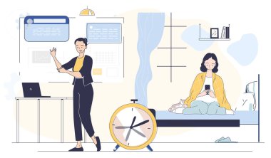 Bir kadın çalışma alanında sunum yaparken, diğeri yatakta telefonla rahatlıyor, iş hayatı dengesini sembolize ediyor. Yumuşak renklerle modern minimal düz stil. Vektör illüstrasyonu