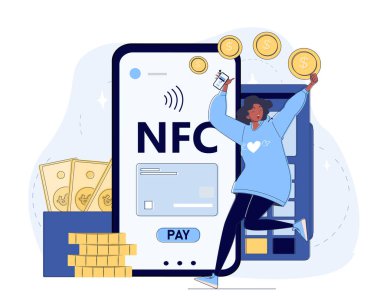 Mutlu kadın akıllı telefon kullanarak başarılı bir cep telefonu ödemesini kutluyor. Arka planda büyük telefon ekranı, bozuk paralar, nakit para, ödeme terminali yer alıyor. Dijital işlemler kavramı. Vektör illüstrasyonu
