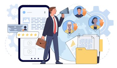 Çevresi müşteri incelemeleri, belgeler ve dijital iletişim simgeleriyle çevrili, çevrimiçi pazarlama stratejisini destekleyen megafonlu bir işadamı. Vektör illüstrasyonu