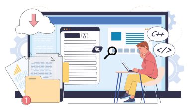 Yazılım geliştirme simgeleri, kod ve bulut depolama sembolleriyle çevrili bir dizüstü bilgisayardaki bir programlama projesi üzerinde çalışan bir geliştirici. Vektör illüstrasyonu