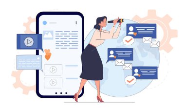 Teleskoplu bir kadın akıllı telefon ekranında sosyal medya etkileşimlerini analiz ediyor. Teknoloji arka planında tüm dünyada mesajlar ve bildiriler görünür. Dijital ağ kavramı. Vektör illüstrasyonu