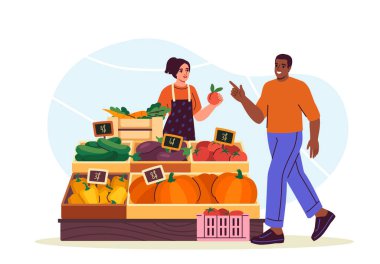 Taze sebze ve meyve dolu bir pazarda bir satıcı ve bir müşteri etkileşim halindedir. Müşteri işaret ederken satıcı şeftali tutar. Vektör illüstrasyonu