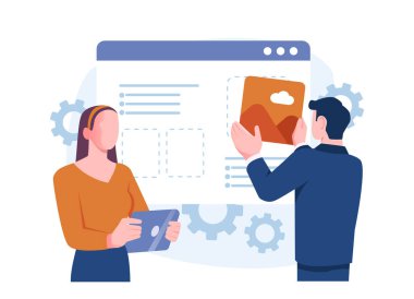 Web tasarımı konusunda işbirliği yapan iki kişi, biri tablet tutuyor ve diğeri de web sitesi arayüzüne resim yerleştiriyor. Vitesli soyut bir arkaplan. UX UI geliştirme kavramı. Vektör illüstrasyonu