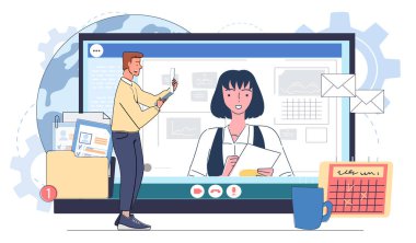 Dizüstü bilgisayar tutan bir adam büyük ekranda bir kadınla online iş görüşmesi yapıyor. Çeşitli belgeler, e-postalar ve çizelgeler gösteriliyor. Uzaktan işe alma kavramı. Vektör illüstrasyonu