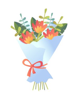 Mavi ambalajlı bir buket çiçek, kırmızı yay, düz stil, beyaz arka plan. Hediye kavramı, kutlama. Vektör illüstrasyonu