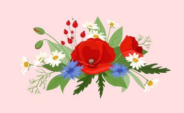 Kırmızı gelincikler, beyaz papatyalar, mavi çiçek ve pembe arka planda kırmızı böğürtlenler. Düz grafik tarzı. Doğa ve güzellik kavramı. Vektör illüstrasyonu