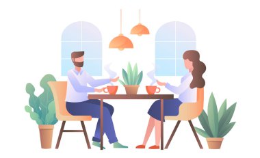 İki kişi kahve içiyor, düz stil, beyaz arka plan, sosyal etkileşim konsepti. Vektör illüstrasyonu