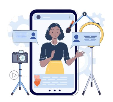 Akıllı telefondan video kaydeden kadın, düz stil, beyaz arka plan. Sosyal medya kavramı, video bloglama, canlı yayın. Vektör illüstrasyonu
