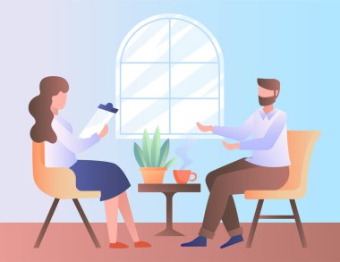 İki kişi terapi seansında, biri pano tutuyor, düz tasarım, açık mavi arka plan, zihinsel sağlık desteği kavramı. Vektör illüstrasyonu