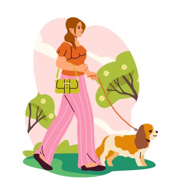 Kadın köpeği, çizgi film stili, pembe arka plan, boş zaman kavramı. Vektör illüstrasyonu