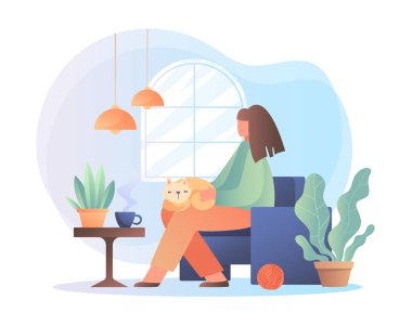 Kedili bir kadın, bembeyaz arka planda düz grafik tarzında oturuyor. Rahatlama ve evcil hayvan arkadaşlığı kavramı. Vektör illüstrasyonu