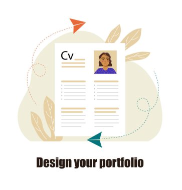 Beyaz arka planda düz stil insan illüstrasyonlu CV. Portföy tasarımı kavramı. Vektör illüstrasyonu