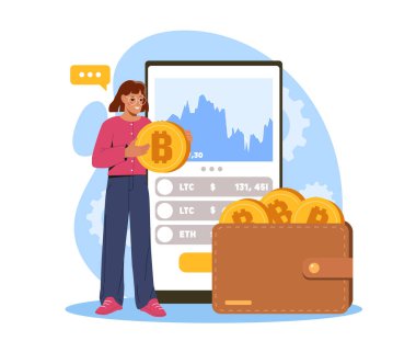 Elinde Bitcoin olan kadın, beyaz arka planda çizgi film stili. Kripto para yatırımı kavramı. Vektör illüstrasyonu