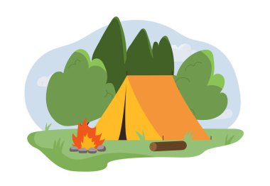 Ormanda kamp ateşi olan turuncu çadır, beyaz arka planda düz grafik tarzı. Açık hava macerası kavramı. Vektör illüstrasyonu
