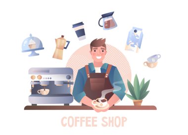 Barista kahve hazırlıyor, düz tasarım tarzı, beyaz arka plan. Kahve servisi kavramı. Vektör illüstrasyonu