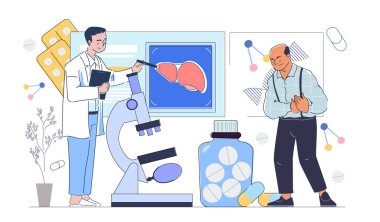 Doktor, karaciğer modelini beyaz arka planda düz bir şekilde inceleyecek. Tıbbi teşhis ve tedavi kavramı. Vektör illüstrasyonu