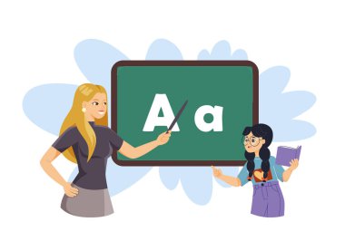 Öğretmen tahtadaki A harfini işaret ediyor, öğrenci elinde bir kitap tutuyor, karikatür tarzı, beyaz arkaplanda. Eğitim kavramı. Vektör illüstrasyonu