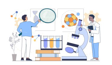 İki bilim adamı DNA ve molekülleri inceliyor, düz grafik şeklinde, beyaz arka planda. Bilimsel araştırma kavramı. Vektör illüstrasyonu