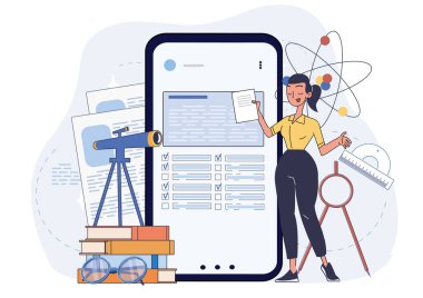 Telefonun önünde elinde beyaz arka planda çizgi film tarzı listeli kağıt tutan bir kadın var. Eğitim ve çevrimiçi öğrenim kavramı. Vektör illüstrasyonu