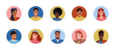 Farklı insan grupları beyaz arka planda düz dizayn olarak avatarlar. Çeşitlilik ve kapsama kavramı. Vektör illüstrasyonu