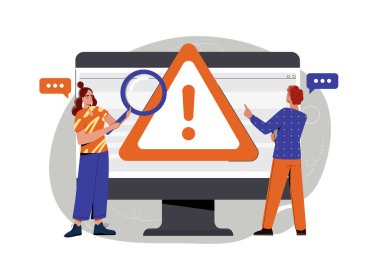 İki kişi beyaz zemin üzerinde düz grafik şeklinde uyarı işareti olan bir bilgisayar ekranını inceliyor. Siber güvenlik kavramı. Vektör illüstrasyonu