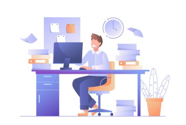 Masada bilgisayar, kitap ve saatle çalışan bir adam. Beyaz arka planda düz tasarım tarzı. İş anlayışı, verimlilik ve zaman yönetimi. Vektör illüstrasyonu