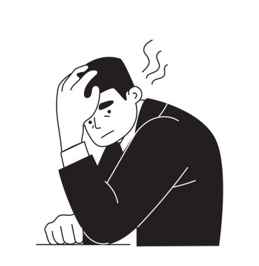 Aşırı duygusal ifade. Üzücü ve üzgün erkek ofis çalışanları evrak işleri ve teslim tarihleriyle aşırı meşguller. Depresyonlu yorgun işçi. Arkaplanda izole edilmiş düz vektör çizimi
