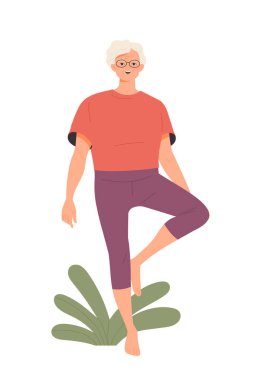 Spor yapan mutlu yaşlı kişi. Gülümseyen emekli büyükanne yoga, spor ya da pilates yapıyor. Kıdemli kadın asanas ya da egzersiz yapıyor. Aktif yaşam tarzı. Düz vektör çizimi arkaplanda izole edildi