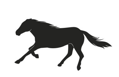 At silueti. Hızlı koşan siyah ya da koyu renkli ikon ya da yeleli dört nala koşan aygır. Vahşi Yarış Atı. Midillinin yandan görünüşü. Düz vektör çizimi beyaz arkaplanda izole edildi