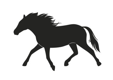 At silueti. Vahşi koşu ya da dört nala koşan yarış atı. Güzel bir aygırı olan siyah ya da koyu renkli bir ikon. Çıkartma için tasarım ögesi. Düz vektör çizimi beyaz arkaplanda izole edildi