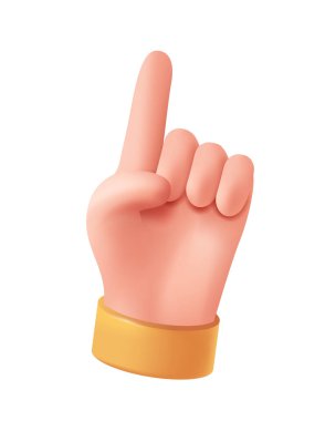 3D el simgesi. Çizgi film kolu parmağını kaldırıyor ya da bir şeyi işaret ediyor. Avuç içiyle hareket eden ya da duygularını ifade eden komik emoji. Plastiksi biçiminde gerçekçi vektör çizimi