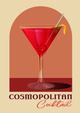 Retro kokteyl posteri. Lezzetli, ferahlatıcı alkollü içeceği olan minimalist çağdaş el ilanı. Yaz aperatifi için Cosmopolitan içeceği. Gerçekçi çizgi film vektör çizimi