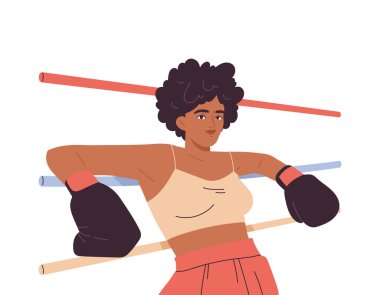 Kadın boks. Boks eldivenleriyle boks ringinde gülümseyen kadın boksör. Güçlü kız sporcu, spor müsabakalarına katılır. Düz vektör çizimi arkaplanda izole edildi