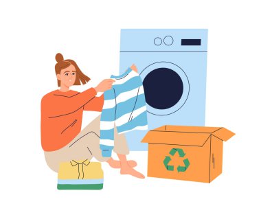 İnsanlar elbiselerini tekrar kullanıyor. Gülümseyen kız çamaşırları çamaşır makinesinde yıkıyor ve onları hayır kurumuna bağışlıyor. Sıfır atık ve sürdürülebilir yaşam tarzı. Giysileri geri dönüşüm için hazırlayın. Düz vektör illüstrasyonu