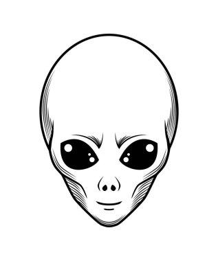 Uzaylı UFO Doodle Simgesi. Üzerinde uzaylı yaratığın portresi ya da dünya dışı medeniyetin temsilcisi olan basit bir taslak çıkartması. El çizimi siyah-beyaz vektör çizimi arkaplanda izole