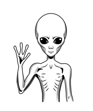 Uzaylı UFO Doodle Simgesi. Üzerinde elini sallayan uzaylı bir yaratığın portresi olan basit bir taslak çıkartması. Yazdırma için tasarım ögesi. El çizimi siyah-beyaz vektör çizimi arkaplanda izole