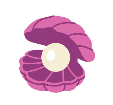 Şirin kız çıkartması. Pembe kabuklu güzel incili estetik bir simge. Sevimli kadınsı bir klişe. Kıymetli taş. Dekoratif tasarım öğesi. Düz vektör çizimi arkaplanda izole edildi