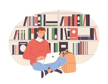 Üniversite öğrencilerinin hayatı. Mutlu genç çocuk kütüphanede oturup kitap okuyor ve sınav ya da seminere hazırlanıyor. Eğitim, öğrenme ve öğrenim. Düz vektör çizimi arkaplanda izole edildi