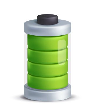 3D Batarya Simgeleri. Yeşil şarj seviyesi göstergesi olan bir etiket. Tam şarjlı güç sembolü ya da kaynağı. Aletlerde yüksek oranda enerji var. Plastiksi biçiminde gerçekçi vektör çizimi