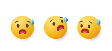 3D emoji seti. Yorgun ve yorgun yüzlü çıkartmalar yorgunluk duygularını ifade ediyor. Sosyal ağlarda iletişim için duygular. Plastiksi biçiminde gerçekçi vektör illüstrasyon koleksiyonu